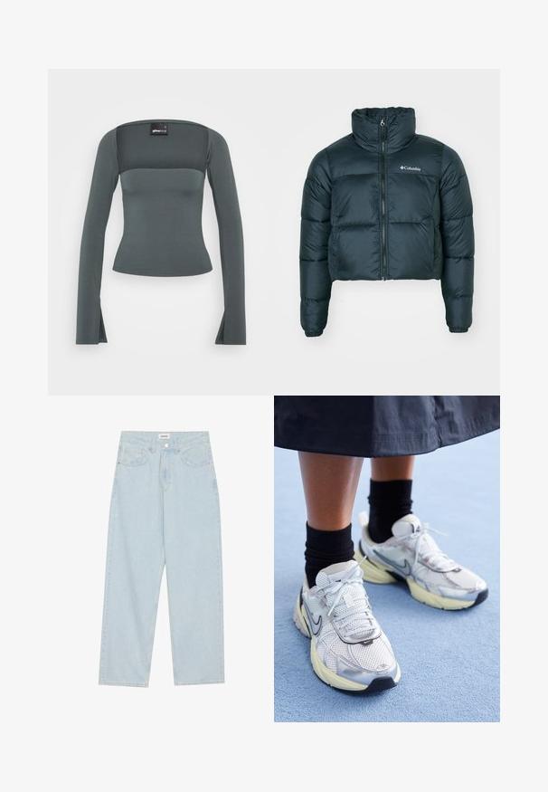 Tumši zaļš, īss puffer jaka ar augstu apkakli, pilnu rāvējslēdzēju un elastīgām aprocēm. Iezīmēts ar logo uz kreisā krūškurvja un izšūtiem rakstiem.; Pelēks garām piedurknēm tops ar pieguļošu siluetu un kvadrātveida dekoltē. Izgatavots no mīksta auduma, tam ir sānu šķēlumi uz piedurknēm papildu detaļām.; Gaiši zilas platās kājas džinsi, kas izgatavoti no denima, ar vidēju jostas augstumu, piecām kabatām un pogas aizdari ar šauru metāla akcentu.; Baltie un sudraba Nike kedas ar tīkla audumu, atstarojošiem akcentiem un bēša zoli. Valkātas ar melnām zeķēm, stāvot uz zilas virsmas.