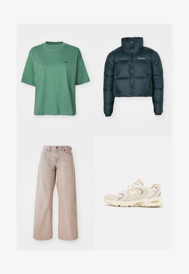 Ciemnozielona, krótka kurtka puchowa z wysokim kołnierzem, pełnym zamkiem błyskawicznym i elastycznymi mankietami. Posiada logo na lewej piersi i pikowaną fakturę.; Carhartt WIP CHESTER ciemnozielony; Beżowe dżinsy o szerokich nogawkach i wysokim stanie, z pięcioma kieszeniami i zapięciem na guzik. Tkanina ma miękką teksturę i lekkie zmatowienie z przodu.; Beżowe buty sportowe z siateczkowymi i syntetycznymi nakładkami, z teksturowaną powierzchnią, wyściełanym kołnierzem oraz amortyzacją "ABZORB" w pięcie.