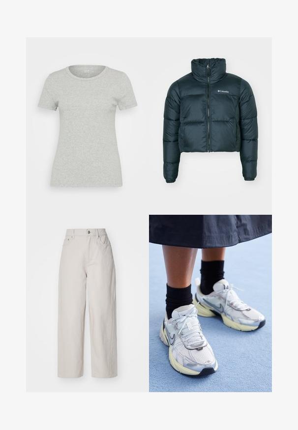 Giacca puffer corta di un verde scuro, con colletto alto, zip completa e polsini elasticizzati. Presenta un logo sul lato sinistro del petto e una texture trapuntata.; GAP T-shirt basic - heather grey; Pantaloni in cotone beige a gamba larga con vita alta, chiusura con bottone e zip, e quattro tasche; texture liscia con finitura in denim.; Nike sneakers bianchi e argento con tessuto in rete, dettagli riflettenti e suola beige. Indossati con calze nere, in piedi su una superficie blu.