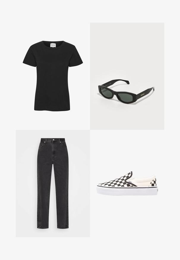 Giacca di jeans, colore blu, maniche lunghe, chiusura con bottoni, due tasche sul petto, colletto classico, texture leggermente usurata, design casual.; T-shirt di cotone nero con scollo rotondo, maniche corte e orlo dritto. Il tessuto ha una consistenza liscia, senza motivi o dettagli visibili.; Jeans in denim nero a gamba dritta con vita alta, bottone e cerniera frontali, e cinque tasche su uno sfondo bianco.; Scarpe Vans slip-on a scacchi bianchi e neri con tomaia in canvas, suola in gomma e colletto imbottito. Punta piatta e rotonda con dettagli bianchi sulla suola.; Occhiali da sole rettangolari neri con lenti verdi, caratterizzati da un grande telaio e dalla marcatura dorata "VERSACE" sulle tempie.; Borsa a mano in pelle scura con due tasche frontali, una fibbia centrale e hardware in tono oro. Texture liscia con una silhouette curva.