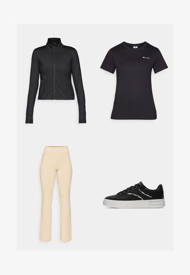 Casaco atlético preto com gola alta, fecho frontal total, mangas longas e bolsos laterais, feito de um material suave e flexível.; Camiseta preta de manga curta feita de algodão, com um pequeno logótipo bordado no peito. Design clássico de gola redonda com uma textura suave.; Leggings bege com cintura alta e formato flare, feitos de um tecido macio e elástico. Textura suave, sem padrões visíveis ou detalhes de hardware.; Sapatilha de couro preta com sola branca, apresentando finos realces em prata e design com atacadores. Textura suave com detalhamento de marca na parte de trás.