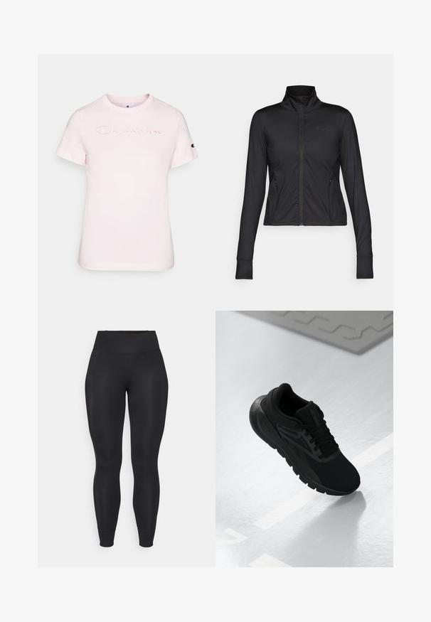 Black athletic jacket with a high collar, full front zip, long sleeves, and side pockets, made of smooth, flexible material.; Light pink cotton t-shirt with short sleeves, featuring embroidered "Champion" logo on the front and small logo on the sleeve.; Black leggings made of stretch fabric, featuring a high waist, tapered legs, and cuffed hems, with a smooth, matte texture.; Black athletic shoe featuring a mesh upper, round toe, cushioned sole, and textured accents, positioned on a smooth white surface.