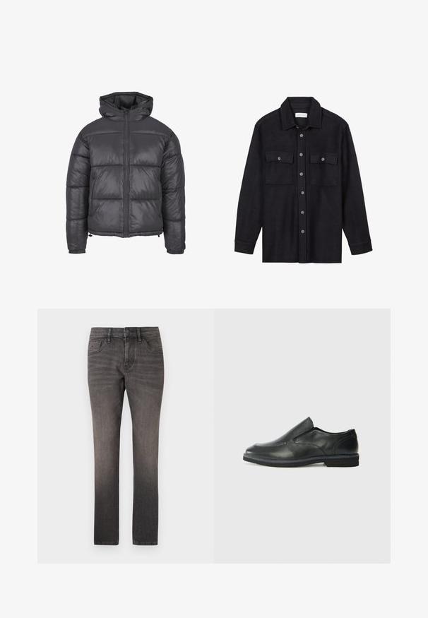 Sötét szürke puffernadrág kapucnival, cipzárral, steppelt kialakítással, rugalmas mandzsettával és összehúzott alsó szegéllyel.; Fekete gyapjúpóló dzseki gallérral, elülső gombos záródással, két mellzsebbel és hosszú ujjakkal. Puha tapintású, látható minták nélkül.; TOM TAILOR JOSH - Egyenes szárú farmer - used dark stone black denim; Fekete bőr, slip-on cipő sima felsőrésszel, varrott díszítéssel, lekerekített orral és alacsony gumitalppal. A talpa minimális bordázattal rendelkezik.