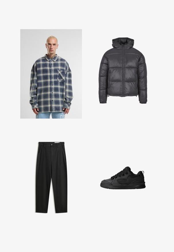 Giacca a vento in grigio scuro con cappuccio, dotata di chiusura con zip, design trapuntato, polsini elastici e orlo inferiore arricciato.; Camicia di flanella con un motivo a quadri blu e beige, caratterizzata da un design con bottoni, dettaglio della tasca e maniche lunghe. Tessuto morbido e strutturato.; Pantaloni in cotone neri con una vestibilità rilassata, dotati di una vita classica, pieghe frontali e tasche laterali. Tessuto liscio senza fantasie.; Sneakers neri con una tomaia testurizzata, dotati di lacci, accenti in mesh per la traspirabilità, colletto imbottito e suola robusta.