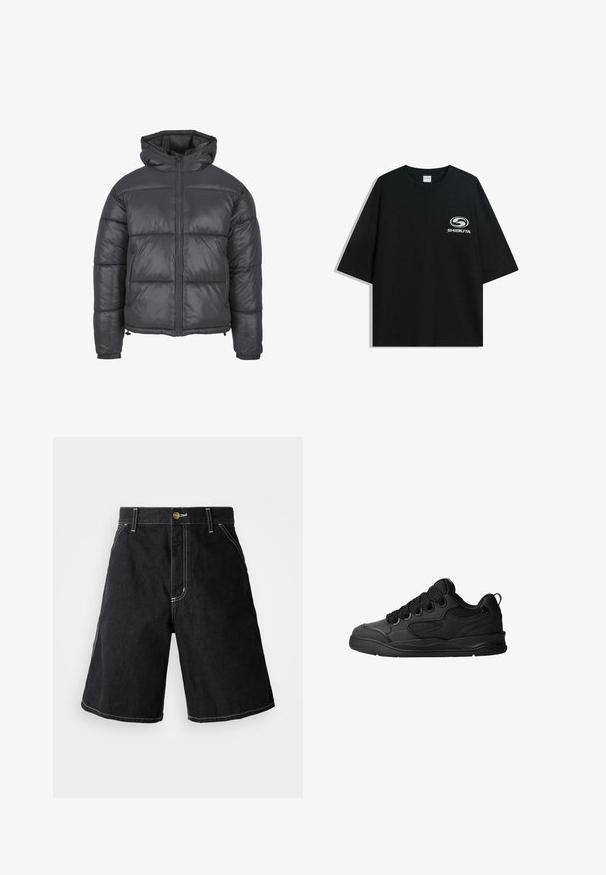 Jachetă puffer de culoare gri închis, cu glugă, dotată cu închidere cu fermoar, design matlasat, manșete elastice și o margine inferioară strânsă.; Tricou XXL din bumbac negru, cu guler rotund și mâneci scurte, având un logo alb "Shibuya" imprimat pe față.; Şorturi din denim negre, cu o croială lejeră, cinci buzunare și cusături contrastante albe. Închidere cu nasture la talie.; Adidași negri cu un lateral texturat, având șireturi, accente din plasă pentru respirabilitate, guler căptușit și o talpă rezistentă.