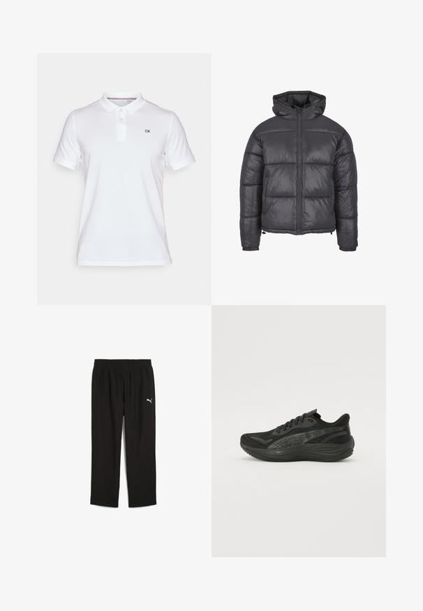Sötét szürke puffernadrág kapucnival, cipzárral, steppelt kialakítással, rugalmas mandzsettával és összehúzott alsó szegéllyel.; Fehér pólóing, pamutból készült, gallérral és három gombbal. A mellkas bal oldalán egy kis fekete "CK" logó található.; Fekete sportnadrág, rugalmas derékkal, könnyű anyagból készült. Bal oldalon egy kis fehér Puma logó található.; Fekete sportcipő, texturált hálós felsőrésszel, lapos fűzőkkel és párnázott talppal, finom fényvisszaverő részletekkel.