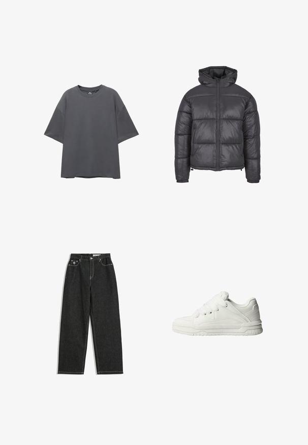 Pufová bunda v tmavosivej farbe s kapucňou, so zapínaním na zips, prešívaným dizajnom, elastickými manžetami a stiahnutým spodným lemom.; Šedé voľné tričko, krátke rukávy, okrúhly výstrih, zmes bavlny, hladká textúra, minimalistický dizajn bez vzorov alebo akcentov.; Čierne rovné džínsy s bielym prešívaním, designom s piatimi vreckami, zapínaním na gombík a zips, a malým logom na pravom prednom vrecku.; Biele tenisky s hladkým koženým povrchom, polstrovanou jazykovkou, plochými šnúrkami a štruktúrovanými detailmi na stranách a päte.