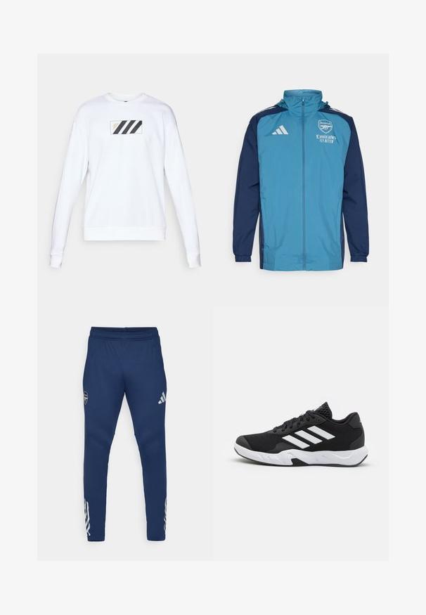 Viegls, ūdensnecaurlaidīgs jaka ar ziliem priekšpusi un tumši zilām piedurknēm, ar rāvējslēdzēju, kapuci un logotipa akcentiem krūtīs.; Balts sporta krekls ar taisnstūra uzšuvumu, kurā ir trīs melnas diagonālas svītras un zelta teksts. Mīksta auduma, garas piedurknes un ribotās aproces.; Jūras spēku sporta bikses ar elastīgu jostu, sašaurinātām kājām, sudraba logotipu uz augšstilba un izteiksmīgiem trim svītrām uz apakšējās kājas.; Melnas sporta kurpes ar teksturētu acu augšdaļu, baltām akcentu svītrām, mīkstu zoli un pastiprinātu papēdi atbalstam.