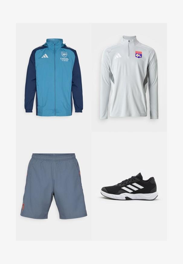 Chaqueta impermeable ligera con un frente en color azul petróleo y mangas en color marino, con cierre de cremallera, capucha y detalles del logo en el pecho.; Pullover atlético de manga larga color gris claro con cuello de media cremallera, que presenta acentos laterales blancos y un logo bordado del Olympique Lyonnais.; Pantalones cortos deportivos grises con cintura elástica, bolsillos laterales y detalle de logo rojo en la pierna izquierda. Tejido ligero y suave con un sutil brillo.; Zapatillas deportivas negras con una parte superior de malla texturizada, rayas de acento blancas, suela acolchada y talón reforzado para mayor soporte.
