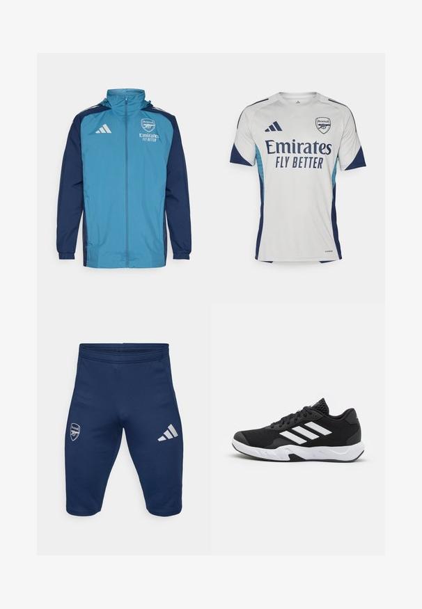 Kevyt vettä hylkivä takki, jossa on turkoosi etuosa ja tummansinisiä hihoja. Takissa on vetoketjukiinnitys, huppu ja logokaiverruksia rinnassa.; Valkoinen lyhythihainen pelipaita tummansinisin yksityiskohdin ja vaaleansinisin sivuin. Etupuolella on suurikokoinen "Emirates FLY BETTER" -teksti ja seuran logo.; Meripihkan urheilu shortsit, jotka on valmistettu joustavasta kankaasta, joissa on Arsenali-logo vasemmassa jalassa ja kolme valkoista Adidas-viivaa oikeassa jalassa.; Mustat urheilukengät, joissa on teksturoitu verkkomateriaali yläosassa, valkoiset korostusraidat, pehmustettu pohja ja vahvistettu kanta tuen vuoksi.