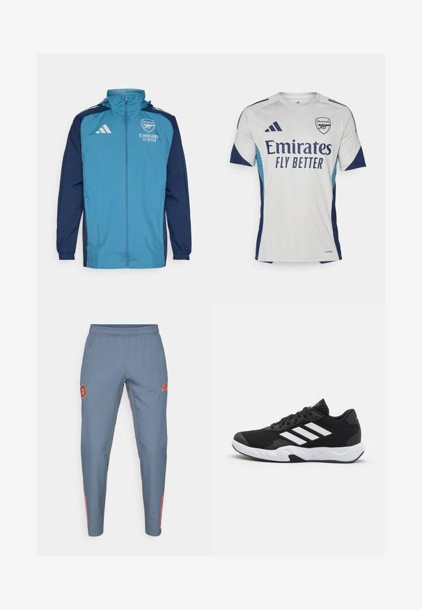 Lekka wodoodporna kurtka z turkusowym przodem i granatowymi rękawami, z zapięciem na zamek, kapturem oraz logo na piersi.; Biała koszulka z krótkim rękawem z granatowymi akcentami i jasnoniebieskimi bokami. Na przodzie widnieje wyraźnie napis "Emirates FLY BETTER" oraz logo klubu.; Jasnoniebieskie spodnie sportowe z elastycznym paskiem w talii, z pomarańczowym logo i trzema pomarańczowymi paseczkami wzdłuż zewnętrznej nogawki.; Czarne buty sportowe z teksturowaną siateczką u góry, białymi paskami akcentującymi, amortyzującą podeszwą i wzmocnionym piętą dla wsparcia.