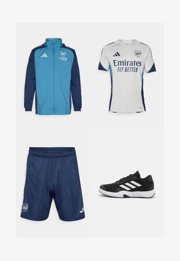 Leichte, wasserdichte Jacke mit einer türkisfarbenen Front und navyblauen Ärmeln, ausgestattet mit einem Reißverschluss, Kapuze und Logo-Akzenten auf der Brust.; Weißes Kurzarm-Trikot mit dunkelblauen Akzenten und hellblauen Seiten. Auf der Vorderseite prominent mit "Emirates FLY BETTER" und dem Vereinslogo.; Marineblaue Sportshorts mit einem elastischen Bund, zwei seitlichen Taschen und dem Arsenal-Logo. Hergestellt aus glattem, leichtem Stoff. Silberne Akzente.; Schwarze Sportschuhe mit einem strukturierten Mesh-Obermaterial, weißen Akzentstreifen, einer gepolsterten Sohle und einer verstärkten Ferse für Unterstützung.