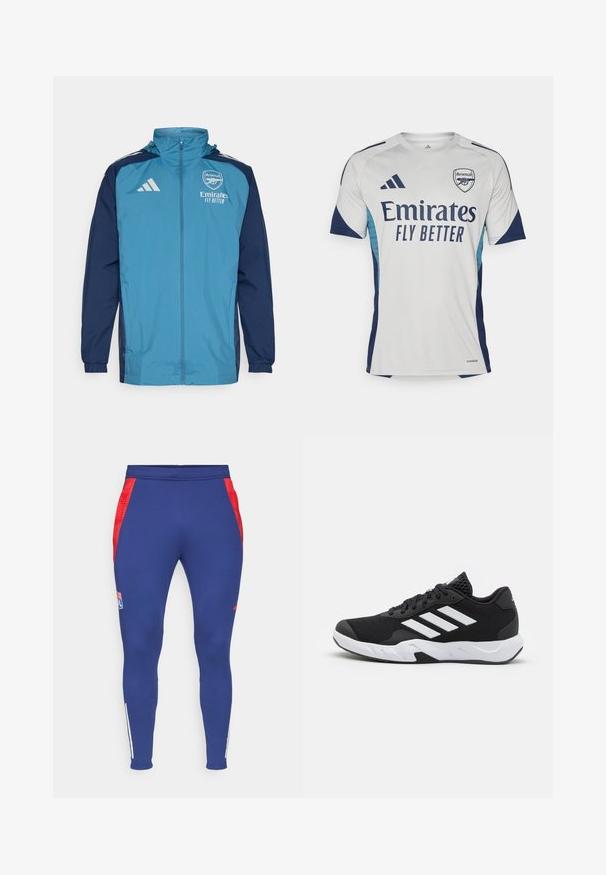 Lichte waterdichte jas met een teal voorkant en marineblauwe mouwen, voorzien van een rits, capuchon en logo-accenten op de borst.; Witte T-shirt met korte mouwen, voorzien van marineblauwe accenten en lichtblauwe zijkanten. Bevat prominent "Emirates FLY BETTER" op de voorkant en het clublogo.; Marine atletische broek met rode zijkanten, een logo op de dij en witte strepen bij de enkels. Gemaakt van een elastische, soepele stof.; Zwarte sportieve schoenen met een geperforeerde mesh bovenkant, witte accentstrepen, een gevoerde zool en een versterkte hiel voor extra ondersteuning.