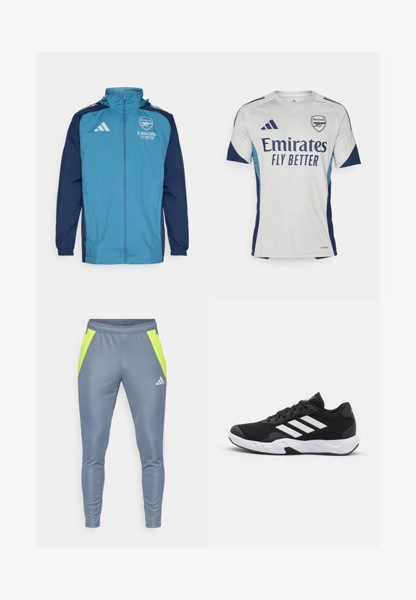 Lightweight waterproof jacket with a teal front and navy sleeves, featuring a zip closure, hood, and logo accents on the chest.; White short-sleeve jersey with navy accents and light blue sides. Features "Emirates FLY BETTER" prominently on the front and club logo.; Gray athletic pants with neon yellow side panels, elastic waistband, tapered leg design, and a reflective logo on the front.; Black athletic shoes with a textured mesh upper, white accent stripes, a cushioned sole, and a reinforced heel for support.