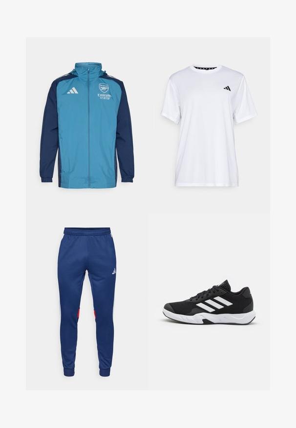 Lichte waterdichte jas met een teal voorkant en marineblauwe mouwen, voorzien van een rits, capuchon en logo-accenten op de borst.; Witte sport T-shirt met korte mouwen, gemaakt van vochtafvoerende stof. Heeft een zwart logo op de linkerkant van de borst en een gemusterde binnenhals.; Marineblauwe joggers met een elastische tailleband en boorden, voorzien van witte zijstreepjes en rode accenten, gemaakt van een gladde stof.; Zwarte sportieve schoenen met een geperforeerde mesh bovenkant, witte accentstrepen, een gevoerde zool en een versterkte hiel voor extra ondersteuning.