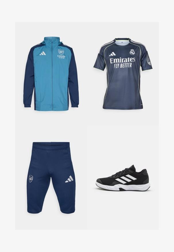 Kerge veekindel jakk, mille esiosa on tealist värvi ja varrukad tumesinised, varustatud lukuga, kapuutsiga ja rinnal logoga. ; Tumed navy sinine jalgpalli särk, mis on valmistatud siledast kangast, sisaldab heleda rohelise detailidega, lühikesi varrukaid ja selgelt nähtavat logosid "Emirates FLY BETTER".; Tumedad spordipüksid, mis on valmistatud venivast kangast, vasakul jalal Arsenal'i logo ja paremal jalal kolm valget Adidas'e triipu.; Mustad mustosportlikud jalanõud, millel on tekstuuriga võrkpealne, valged aksenttriibud, pehme tallaga ja tugevdatud konts toe jaoks.