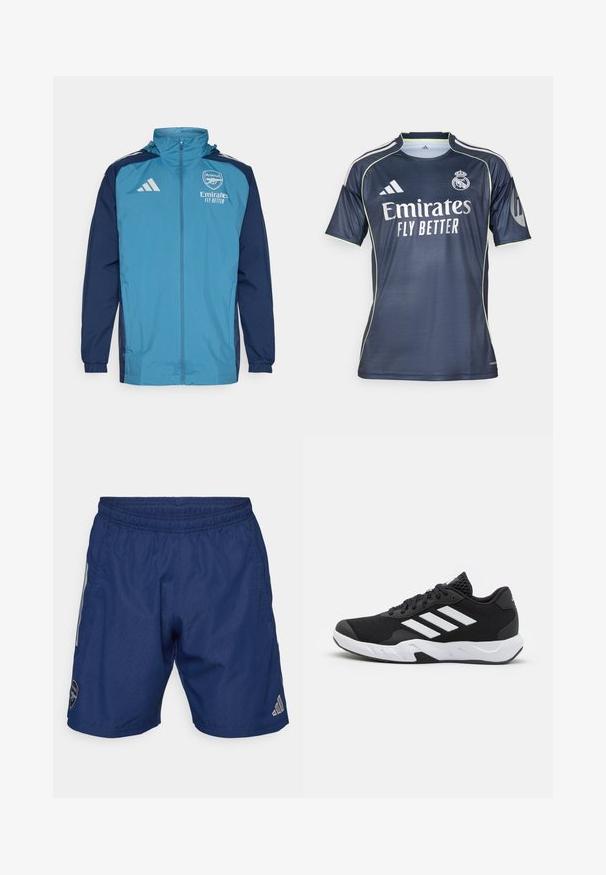 Leichte, wasserdichte Jacke mit einer türkisfarbenen Front und navyblauen Ärmeln, ausgestattet mit einem Reißverschluss, Kapuze und Logo-Akzenten auf der Brust.; Dunkelblaue Fußballtrikots aus glattem Material mit hellgrünen Akzenten, kurzen Ärmeln und dem prägnant platzierten Logo "Emirates FLY BETTER".; Marineblaue Sportshorts aus leichtem Stoff, mit elastischem Bund, seitlichen Taschen und Adidas-Logo unten rechts.; Schwarze Sportschuhe mit einem strukturierten Mesh-Obermaterial, weißen Akzentstreifen, einer gepolsterten Sohle und einer verstärkten Ferse für Unterstützung.