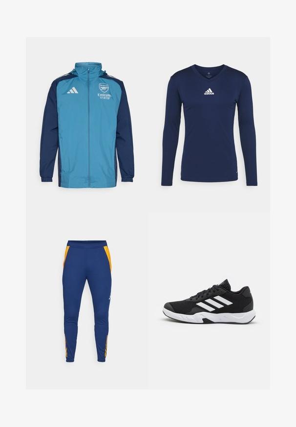 Giacca leggera impermeabile con un davanti color teal e maniche navy, caratterizzata da una chiusura a zip, cappuccio e dettagli con logo sul petto.; Maglietta sportiva a maniche lunghe blu navy realizzata in tessuto texturizzato, con scollatura a V e logo Adidas bianco sul petto. Design semplice, forma aderente.; Pantaloni sportivi navy con pannelli laterali in rete arancione, gamba affusolata e cintura elastica. Presentano un logo discreto sulla coscia sinistra.; Scarpe da ginnastica nere con una tomaia in mesh texturizzata, strisce bianche di accento, suola imbottita e tallone rinforzato per supporto.