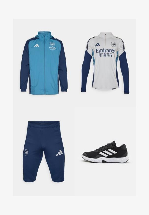 Lightweight waterproof jacket with a teal front and navy sleeves, featuring a zip closure, hood, and logo accents on the chest.; White long-sleeve jersey with navy blue accents, half-zip neckline, featuring "Emirates Fly Better" logo and Arsenal club crest.; Navy athletic shorts made of stretchy fabric, featuring an Arsenal logo on the left leg and three white Adidas stripes on the right leg.; Black athletic shoes with a textured mesh upper, white accent stripes, a cushioned sole, and a reinforced heel for support.
