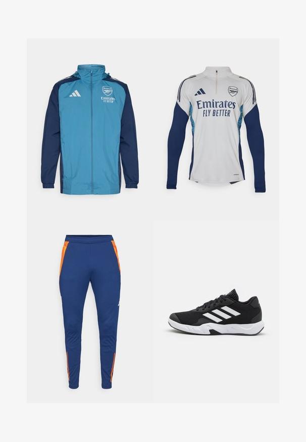 Leichte, wasserdichte Jacke mit einer türkisfarbenen Front und navyblauen Ärmeln, ausgestattet mit einem Reißverschluss, Kapuze und Logo-Akzenten auf der Brust.; Weißes Langarm-Jersey mit marineblauen Akzenten, halber Reißverschluss am Kragen, versehen mit dem Logo "Emirates Fly Better" und dem Vereinswappen von Arsenal.; Marinefarbene Sporthosen mit orangenseitlichen Akzenten, schmalem Schnitt, elastischem Bund und glatter Oberfläche. Enthält dezente Markenkennzeichnung am Bein.; Schwarze Sportschuhe mit einem strukturierten Mesh-Obermaterial, weißen Akzentstreifen, einer gepolsterten Sohle und einer verstärkten Ferse für Unterstützung.