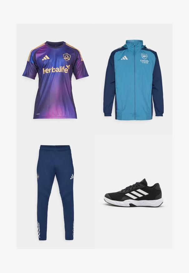 Veste imperméable légère avec un devant turquoise et des manches navy, dotée d'une fermeture éclair, d'une capuche et de logo sur la poitrine.; Maillot de football dégradé violet et bleu avec des rayures verticales, mettant en avant des accents dorés, un logo et un texte de sponsor dans une couleur contrastante.; Pantalons de sport navy avec une taille élastique, design à jambes fuselées, logo argenté sur la cuisse, et un détail distinctif à trois rayures sur le bas de la jambe.; Baskets de sport noires avec une tige en mesh texturé, des rayures blanches, une semelle rembourrée et un talon renforcé pour le soutien.