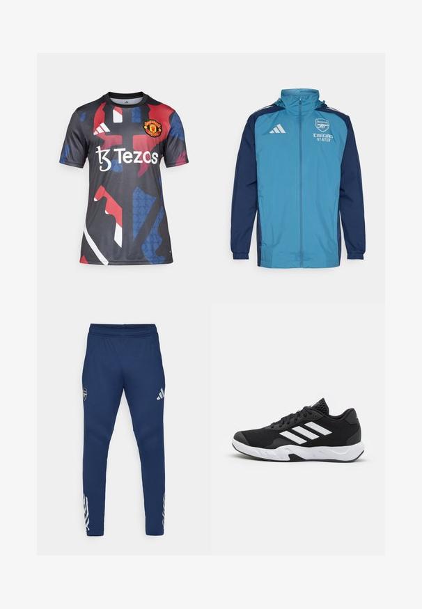 Ľahká nepremokavá bunda s prednou časťou v morskej farbe a námorníckymi rukávmi, s uzáverom na zips, kapucňou a logom na hrudi.; Čierne a šedé tričko s krátkymi rukávmi s mnohobarevným abstraktným dizajnom, logom Manchester United a nápisom "Tezos" vytlačeným na bielo.; Námorné športové nohavice s elastickým pásom, zúženým strihom, strieborným logom na stehne a výrazným trojpruhovým detailom na dolnej časti nohavice.; Čierne športové topánky s textúrovaným sieťovinovým zvrškom, bielymi akcentovými pruhmi, polstrovanou podrážkou a spevneným pätou pre podporu.