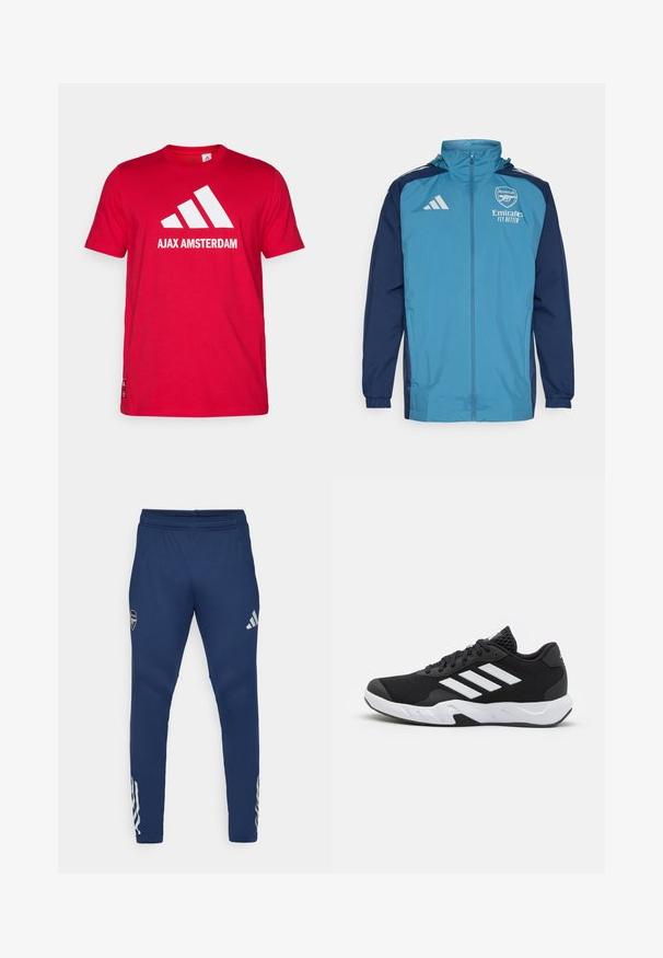 Könnyű, vízálló dzseki türkiz elülső résszel és tengerészkék ujjakkal, cipzáros záródással, kapucnival és logó részletekkel a mellrészen.; Piros pamut póló fehér Adidas logóval és "AJAX AMSTERDAM" felirattal. Rövid ujjú, kerek nyakkivágású, normál szabású.; Sötétkék sportnadrág, rugalmas derékkal, szűkített lábszárral, ezüst logóval a combon, és jellegzetes háromcsíkozott részletezéssel az alsó lábszáron.; Fekete sportcipők, textúrált hálós felsőrésszel, fehér díszcsíkokkal, párnázott talppal és megerősített sarokkal a stabilitás érdekében.
