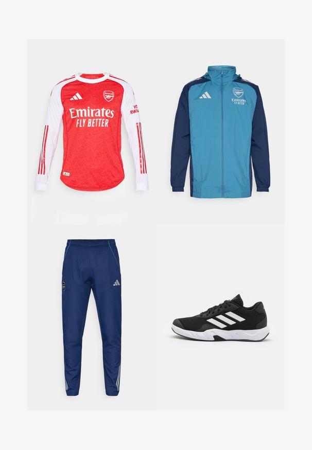 Kevyt vettä hylkivä takki, jossa on turkoosi etuosa ja tummansinisiä hihoja. Takissa on vetoketjukiinnitys, huppu ja logokaiverruksia rinnassa.; Punainen pitkähihaiselta puserolta, jossa on kuviollinen tekstuuri, valkoiset hihat ja punaiset raidat. Sisältää Arsenalin logon ja tekstin "Emirates Fly Better".; Laivastonsiniset juoksuhousut, jotka on valmistettu kevyestä kankaasta. Housuissa on sininen yksityiskohta, logo-ommel ja kolme valkoista raitaa alavarsissa.; Mustat urheilukengät, joissa on teksturoitu verkkomateriaali yläosassa, valkoiset korostusraidat, pehmustettu pohja ja vahvistettu kanta tuen vuoksi.