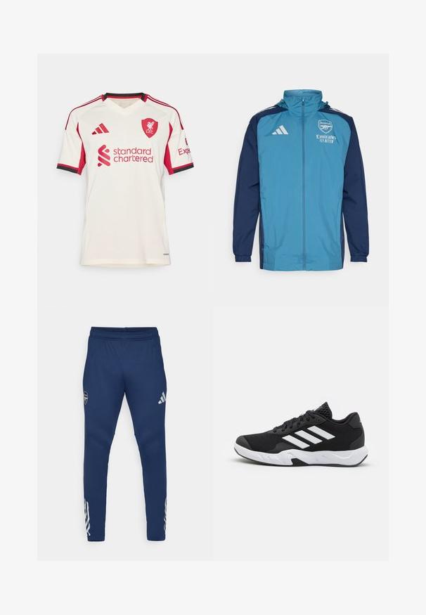 Ľahká nepremokavá bunda s prednou časťou v morskej farbe a námorníckymi rukávmi, s uzáverom na zips, kapucňou a logom na hrudi.; Biely futbalový dres s krátkymi rukávmi a červenými akcentami, s výstrihom do "V", červenými pruhmi na rukávoch a logom "standard chartered". Na hrudi je emblém L.F.C.; Námorné športové nohavice s elastickým pásom, zúženým strihom, strieborným logom na stehne a výrazným trojpruhovým detailom na dolnej časti nohavice.; Čierne športové topánky s textúrovaným sieťovinovým zvrškom, bielymi akcentovými pruhmi, polstrovanou podrážkou a spevneným pätou pre podporu.