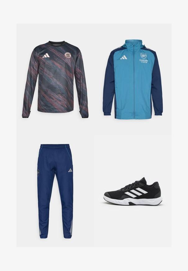 Ľahká nepremokavá bunda s prednou časťou v morskej farbe a námorníckymi rukávmi, s uzáverom na zips, kapucňou a logom na hrudi.; Dlhý rukáv dres v tmavomodrej a gaštanovej farbe s textúrovaným, vlnitým vzorom. Obsahuje čierny golier a logo FC Bayern München na hrudi.; Námořnické jogger nohavice vyrobené z lehkého materiálu, s modrým akcentem, logem a třemi bílými pruhy podél dolní části nohavic.; Čierne športové topánky s textúrovaným sieťovinovým zvrškom, bielymi akcentovými pruhmi, polstrovanou podrážkou a spevneným pätou pre podporu.