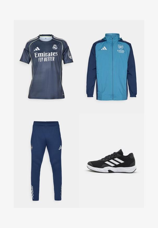 Kerge veekindel jakk, mille esiosa on tealist värvi ja varrukad tumesinised, varustatud lukuga, kapuutsiga ja rinnal logoga. ; Tumed navy sinine jalgpalli särk, mis on valmistatud siledast kangast, sisaldab heleda rohelise detailidega, lühikesi varrukaid ja selgelt nähtavat logosid "Emirates FLY BETTER".; Tumedad spordipüksid, elastse vöökohaga, kitseneva jala disainiga, hõbedane logo reiel ja silmapaistev kolme triibuga detail alumises osas.; Mustad mustosportlikud jalanõud, millel on tekstuuriga võrkpealne, valged aksenttriibud, pehme tallaga ja tugevdatud konts toe jaoks.