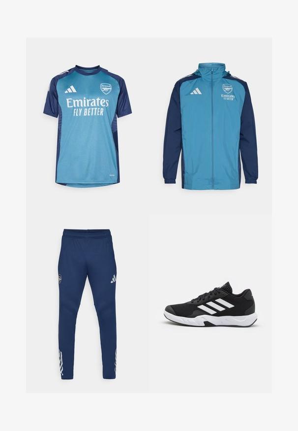Lekka wodoodporna kurtka z turkusowym przodem i granatowymi rękawami, z zapięciem na zamek, kapturem oraz logo na piersi.; Koszulka bramkarska w kolorze turkusowym i granatowym, wykonana z oddychającego materiału. Posiada loga "Emirates" i "Arsenal", krótkie rękawy oraz kontrastowe akcenty na ramionach.; Granatowe spodnie sportowe z elastycznym pasem, zwężanym krojem nogawki, srebrnym logo na udzie oraz charakterystycznymi trzema paskami na dolnej części nogawki.; Czarne buty sportowe z teksturowaną siateczką u góry, białymi paskami akcentującymi, amortyzującą podeszwą i wzmocnionym piętą dla wsparcia.