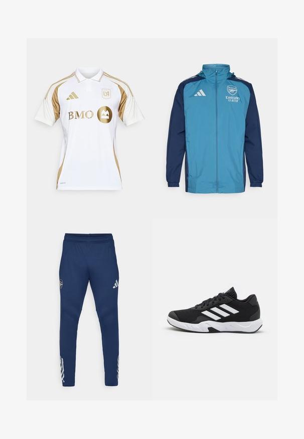 Veste imperméable légère avec un devant turquoise et des manches navy, dotée d'une fermeture éclair, d'une capuche et de logo sur la poitrine.; Polo-shirt blanc à manches courtes avec des accents dorés sur les côtés, le col et le logo. Présente "BMO" en doré et la marque Adidas sur les épaules. Matière Aeroready.; Pantalons de sport navy avec une taille élastique, design à jambes fuselées, logo argenté sur la cuisse, et un détail distinctif à trois rayures sur le bas de la jambe.; Baskets de sport noires avec une tige en mesh texturé, des rayures blanches, une semelle rembourrée et un talon renforcé pour le soutien.