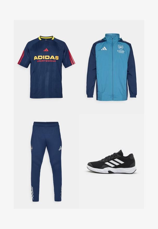 Lehká voděodolná bunda s tyrkysovým předním dílem a námořnickými rukávy, vybavená zipovým zapínáním, kapucí a logem na hrudi.; Tmavě modré sportovní tričko Adidas s žlutým límcem, červenými pruhovanými Detaily na rukávech a výrazným žlutým a červeným textem "ADIDAS SPORTSWEAR".; Námornické sportovní kalhoty s elastickým pasem, úzkým střihem nohavic, stříbrným logem na stehně a charakteristickými třemi pruhy na dolní části nohavic.; Černé sportovní boty s texturovaným síťovaným svrškem, bílými akcentními pruhy, polstrovanou podrážkou a vyztuženým patem pro podporu.