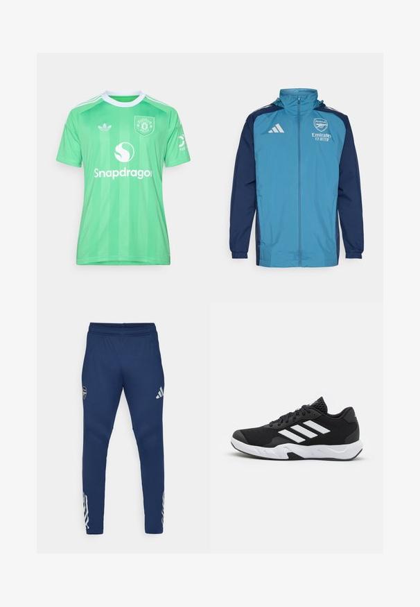 Lengvas, vandeniui atsparus džemperis su žalia priekine dalimi ir tamsiai mėlynomis rankovėmis, turintis užtrauktuką, gobtuvą ir logotipo akcentus ant krūtinės.; adidas Performance MANCHESTER UNITED 25/26 THIRD GOALKEEPER JERSEY - Sporto klubų atributika - semi screaming green; Jūrinės sportinės kelnės su elastinga juosmeniu, siaurėjančios kojos dizainu, sidabriniu logotipu ant šlaunies ir išskirtiniais trimis juostomis ant apatinės kojos.; Juodi sportiniai batai su tekstūruotu tinkliniu paviršiumi, baltais akcentų dryžiais, paminkštintu padu ir sustiprintu kulnu paramai.