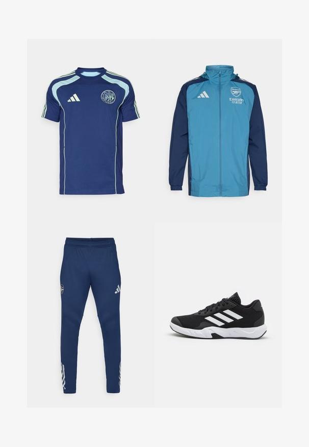 Könnyű, vízálló dzseki türkiz elülső résszel és tengerészkék ujjakkal, cipzáros záródással, kapucnival és logó részletekkel a mellrészen.; Sötétkék, rövidujjú mez légáteresztő anyagból, világoskék díszítéssel és az Ajax logóval a mellkasán.; Sötétkék sportnadrág, rugalmas derékkal, szűkített lábszárral, ezüst logóval a combon, és jellegzetes háromcsíkozott részletezéssel az alsó lábszáron.; Fekete sportcipők, textúrált hálós felsőrésszel, fehér díszcsíkokkal, párnázott talppal és megerősített sarokkal a stabilitás érdekében.