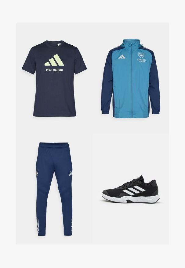 Lehká voděodolná bunda s tyrkysovým předním dílem a námořnickými rukávy, vybavená zipovým zapínáním, kapucí a logem na hrudi.; Námořnická modrá bavlněná tričko s velkým světle zeleným logem Adidas a textem "REAL MADRID" v bílé barvě. Krátké rukávy, klasický design s kulatým výstřihem.; Námornické sportovní kalhoty s elastickým pasem, úzkým střihem nohavic, stříbrným logem na stehně a charakteristickými třemi pruhy na dolní části nohavic.; Černé sportovní boty s texturovaným síťovaným svrškem, bílými akcentními pruhy, polstrovanou podrážkou a vyztuženým patem pro podporu.