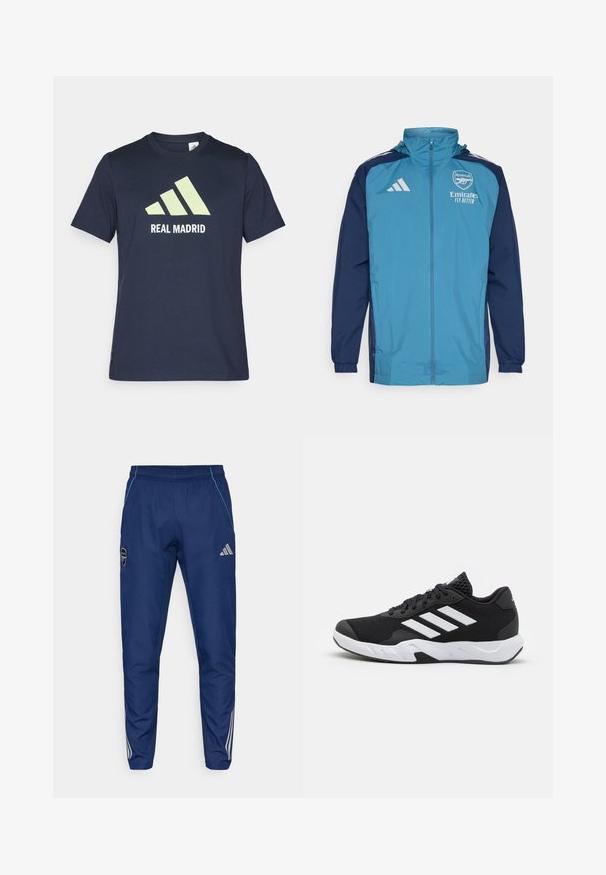 Lett og vanntett jakke med teal front og marineblå ermer, med glidelås, hette og logo detaljer på brystet.; Mørkeblå bomull T-skjorte med et stort lysegrønt Adidas-logo og teksten "REAL MADRID" i hvitt. Korte ermer, klassisk rund hals.; Marine joggebukser laget av lett stoff, med blå aksent, logo-lapp og tre hvite striper langs underbena.; Sorte joggesko med teksturert mesh-overdel, hvite aksentstriper, en polstret såle og en forsterket hæl for støtte.