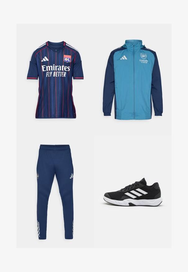 Kerge veekindel jakk, mille esiosa on tealist värvi ja varrukad tumesinised, varustatud lukuga, kapuutsiga ja rinnal logoga. ; Tumed keha sinine jalgpalliforma, millel on vertikaalsed punased ja sinised triibud, ümmargune krae, Adidas logo õlgadel ja silmapaistev 'Emirates Fly Better' tekst.; Tumedad spordipüksid, elastse vöökohaga, kitseneva jala disainiga, hõbedane logo reiel ja silmapaistev kolme triibuga detail alumises osas.; Mustad mustosportlikud jalanõud, millel on tekstuuriga võrkpealne, valged aksenttriibud, pehme tallaga ja tugevdatud konts toe jaoks.