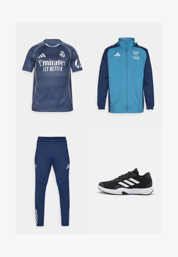 Könnyű, vízálló dzseki türkiz elülső résszel és tengerészkék ujjakkal, cipzáros záródással, kapucnival és logó részletekkel a mellrészen.; Sötétkék futballmez rövid ujjakkal. Jellemzői a fehér "Emirates Fly Better" logó, az Adidas csíkok és a texturált anyag.; Sötétkék sportnadrág, rugalmas derékkal, szűkített lábszárral, ezüst logóval a combon, és jellegzetes háromcsíkozott részletezéssel az alsó lábszáron.; Fekete sportcipők, textúrált hálós felsőrésszel, fehér díszcsíkokkal, párnázott talppal és megerősített sarokkal a stabilitás érdekében.
