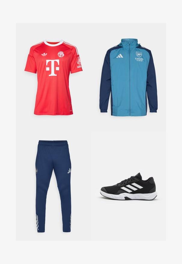 Ľahká nepremokavá bunda s prednou časťou v morskej farbe a námorníckymi rukávmi, s uzáverom na zips, kapucňou a logom na hrudi.; adidas Performance FC BAYERN 2025/2026 THIRD GOALKEEPER JERSEY - Klubové oblečenie - pure ruby; Námorné športové nohavice s elastickým pásom, zúženým strihom, strieborným logom na stehne a výrazným trojpruhovým detailom na dolnej časti nohavice.; Čierne športové topánky s textúrovaným sieťovinovým zvrškom, bielymi akcentovými pruhmi, polstrovanou podrážkou a spevneným pätou pre podporu.