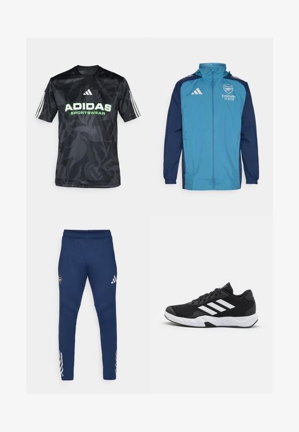 Lengvas, vandeniui atsparus džemperis su žalia priekine dalimi ir tamsiai mėlynomis rankovėmis, turintis užtrauktuką, gobtuvą ir logotipo akcentus ant krūtinės.; adidas Sportswear Marškinėliai su spaudiniu - multicolor/carbon/black; Jūrinės sportinės kelnės su elastinga juosmeniu, siaurėjančios kojos dizainu, sidabriniu logotipu ant šlaunies ir išskirtiniais trimis juostomis ant apatinės kojos.; Juodi sportiniai batai su tekstūruotu tinkliniu paviršiumi, baltais akcentų dryžiais, paminkštintu padu ir sustiprintu kulnu paramai.