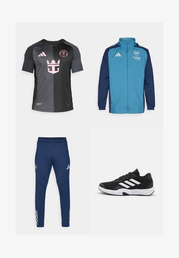 Giacca leggera impermeabile con un davanti color teal e maniche navy, caratterizzata da una chiusura a zip, cappuccio e dettagli con logo sul petto.; Maglia nera con accenti rosa, logo della corona e logo Adidas. Realizzata in tessuto leggero, ha un collo a giro e maniche corte.; Pantaloni sportivi navy con vita elastica, design a gamba affusolata, logo argentato sulla coscia e distintivi dettagli a tre strisce sulla parte inferiore della gamba.; Scarpe da ginnastica nere con una tomaia in mesh texturizzata, strisce bianche di accento, suola imbottita e tallone rinforzato per supporto.