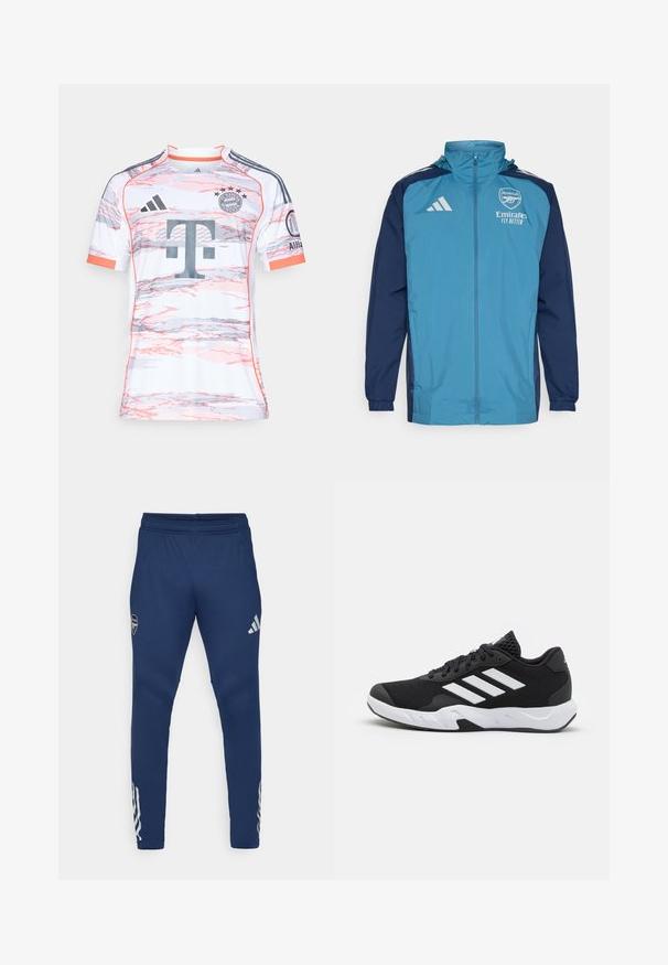 Lengvas, vandeniui atsparus džemperis su žalia priekine dalimi ir tamsiai mėlynomis rankovėmis, turintis užtrauktuką, gobtuvą ir logotipo akcentus ant krūtinės.; Trumpai rankovėmis balta futbolo marškinėliai su rožinėmis ir pilkomis abstrakčiomis rašmenimis, turintys apvalų kaklą, Adidas logotipą ir Bayern Munich herbo emblemą.; Jūrinės sportinės kelnės su elastinga juosmeniu, siaurėjančios kojos dizainu, sidabriniu logotipu ant šlaunies ir išskirtiniais trimis juostomis ant apatinės kojos.; Juodi sportiniai batai su tekstūruotu tinkliniu paviršiumi, baltais akcentų dryžiais, paminkštintu padu ir sustiprintu kulnu paramai.