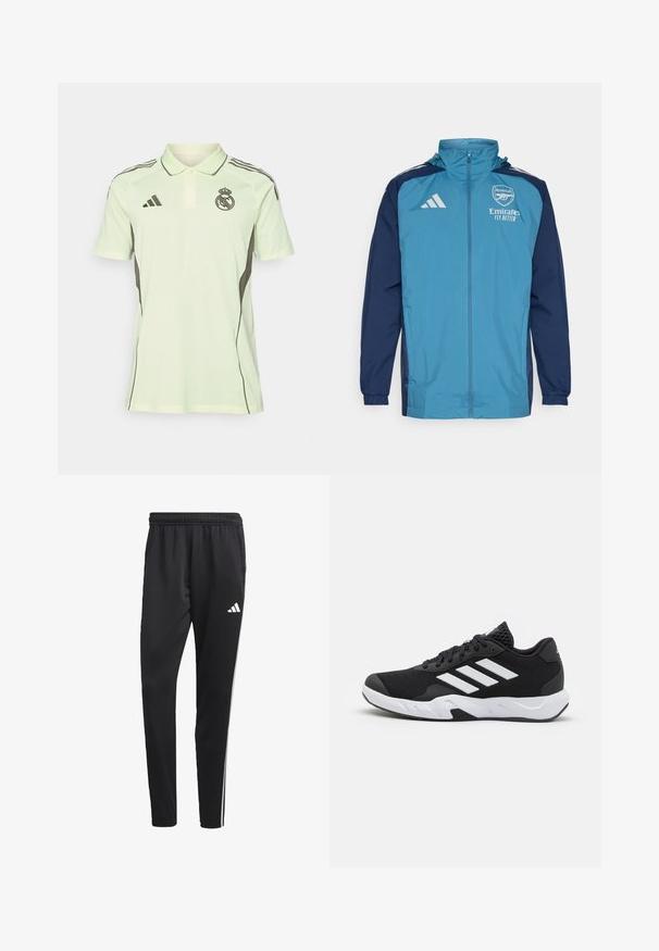 Kerge veekindel jakk, mille esiosa on tealist värvi ja varrukad tumesinised, varustatud lukuga, kapuutsiga ja rinnal logoga. ; Hele roheline polo särk lühikeste varrukatega, mustade aktsentidega ning rinnal logo. Omab krae ja kolme nööbiga eestlõike.; Mustad mustri värvi spordipüksid venitatava vööõhuga, valged külgtriibud ja väike valge logo reie peal. Valmistatud siledast, kergest materjalist.; Mustad mustosportlikud jalanõud, millel on tekstuuriga võrkpealne, valged aksenttriibud, pehme tallaga ja tugevdatud konts toe jaoks.