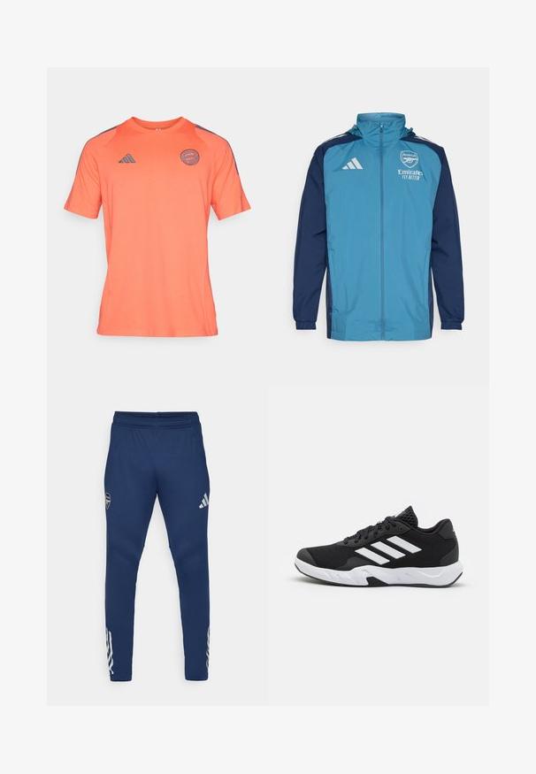 Kerge veekindel jakk, mille esiosa on tealist värvi ja varrukad tumesinised, varustatud lukuga, kapuutsiga ja rinnal logoga. ; Lühikeste varrukatega roosa-oranž sportlik särk, mis on valmistatud pehmest kangast. Särgil on ümmargune kaelus ja tumashall aktsent õlgadel ning logos.; Tumedad spordipüksid, elastse vöökohaga, kitseneva jala disainiga, hõbedane logo reiel ja silmapaistev kolme triibuga detail alumises osas.; Mustad mustosportlikud jalanõud, millel on tekstuuriga võrkpealne, valged aksenttriibud, pehme tallaga ja tugevdatud konts toe jaoks.