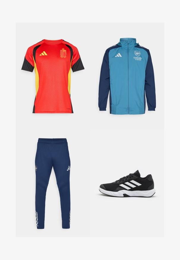 Veste imperméable légère avec un devant turquoise et des manches navy, dotée d'une fermeture éclair, d'une capuche et de logo sur la poitrine.; Maillot rouge à manches courtes avec des accents noirs et jaunes, présentant un motif texturé, un logo Adidas et un emblème central.; Pantalons de sport navy avec une taille élastique, design à jambes fuselées, logo argenté sur la cuisse, et un détail distinctif à trois rayures sur le bas de la jambe.; Baskets de sport noires avec une tige en mesh texturé, des rayures blanches, une semelle rembourrée et un talon renforcé pour le soutien.