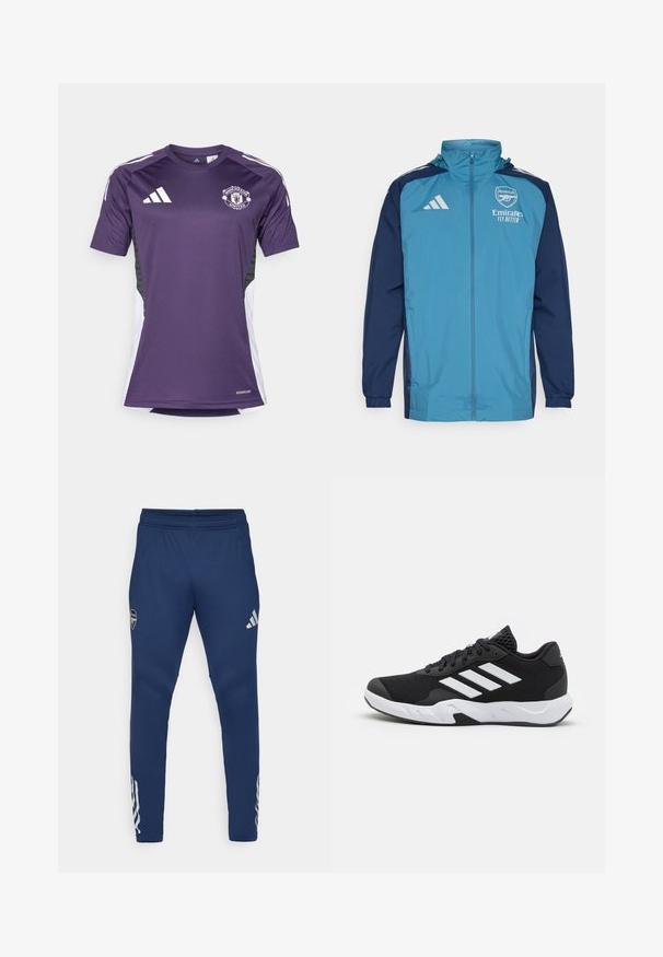 Lightweight waterproof jacket with a teal front and navy sleeves, featuring a zip closure, hood, and logo accents on the chest.; Purple Manchester United jersey featuring short sleeves, Adidas logo, and white side panel accents. Made from moisture-wicking material.; Navy athletic pants with an elastic waistband, tapered leg design, silver logo on the thigh, and distinctive three-stripe detailing on the lower leg.; Black athletic shoes with a textured mesh upper, white accent stripes, a cushioned sole, and a reinforced heel for support.