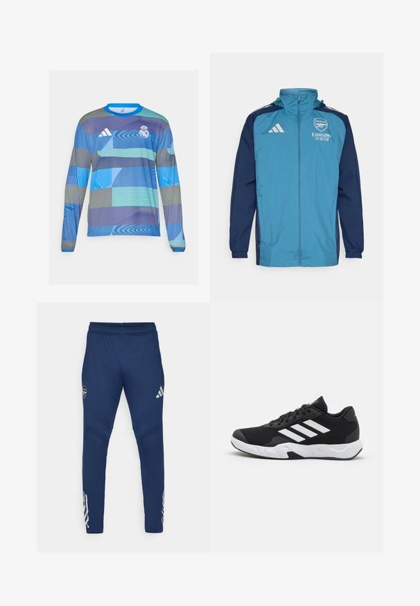 Lehká voděodolná bunda s tyrkysovým předním dílem a námořnickými rukávy, vybavená zipovým zapínáním, kapucí a logem na hrudi.; Sportovní dres s dlouhým rukávem, který má modro-zelený geometrický vzor, vyrobený z lehkého materiálu s ribbovaným modrým límcem a logem Adidas.; Námornické sportovní kalhoty s elastickým pasem, úzkým střihem nohavic, stříbrným logem na stehně a charakteristickými třemi pruhy na dolní části nohavic.; Černé sportovní boty s texturovaným síťovaným svrškem, bílými akcentními pruhy, polstrovanou podrážkou a vyztuženým patem pro podporu.