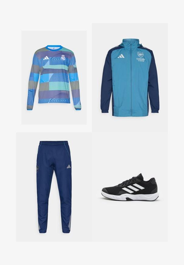 Kerge veekindel jakk, mille esiosa on tealist värvi ja varrukad tumesinised, varustatud lukuga, kapuutsiga ja rinnal logoga. ; Pika pikkade varrukatega spordidress, millel on sinine ja roheline geomeetriline muster, valmistatud kergest kangast, sinise ribaga kaelusega ja Adidas'i logoga.; Tumesinist jogger-püksid kergest kangast, millel on sinine aktsent, logopatch ja kolm valget triipu alumiste jalgade ääres.; Mustad mustosportlikud jalanõud, millel on tekstuuriga võrkpealne, valged aksenttriibud, pehme tallaga ja tugevdatud konts toe jaoks.